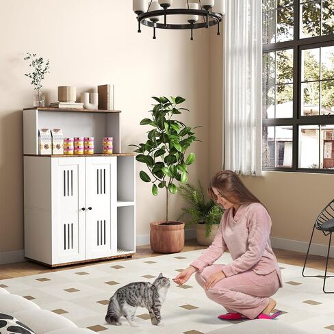 Rovibek Cat Litter Box Enclosure for 2 Cats, Cat Litter Box Furniture Hidden with Storage, Cat Litter Cabinet, Double Litter Box Enclosure with Scratch Mat, Fit Most of Litter Box, White in Saudi Arabia