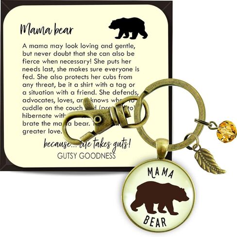Mama Bear Keychain Jewelry For Women Mother New Mom Grandma Key Ring - Handmade Boho Aesthetic Animal Pendant, Rustic Bronze Leaf Charm & Umber Bead, Ready to Gift with Themed Message Card & Box in Saudi Arabia