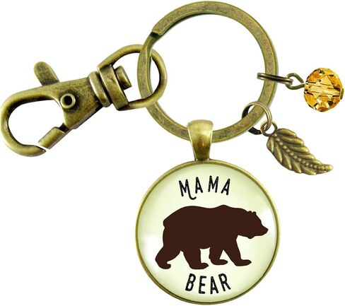 Mama Bear Keychain Jewelry For Women Mother New Mom Grandma Key Ring - Handmade Boho Aesthetic Animal Pendant, Rustic Bronze Leaf Charm & Umber Bead, Ready to Gift with Themed Message Card & Box in Saudi Arabia