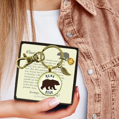 Mama Bear Keychain Jewelry For Women Mother New Mom Grandma Key Ring - Handmade Boho Aesthetic Animal Pendant, Rustic Bronze Leaf Charm & Umber Bead, Ready to Gift with Themed Message Card & Box in Saudi Arabia