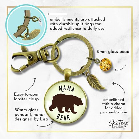 Mama Bear Keychain Jewelry For Women Mother New Mom Grandma Key Ring - Handmade Boho Aesthetic Animal Pendant, Rustic Bronze Leaf Charm & Umber Bead, Ready to Gift with Themed Message Card & Box in Saudi Arabia