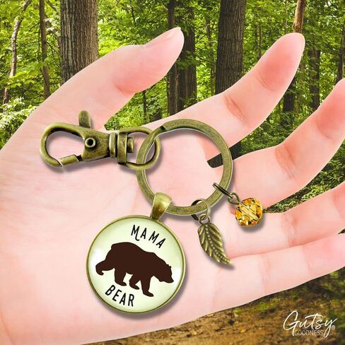 Mama Bear Keychain Jewelry For Women Mother New Mom Grandma Key Ring - Handmade Boho Aesthetic Animal Pendant, Rustic Bronze Leaf Charm & Umber Bead, Ready to Gift with Themed Message Card & Box in Saudi Arabia