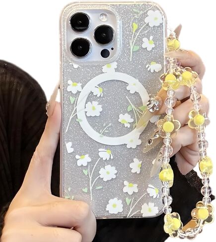 Compatible with iPhone 15 Pro Max Cases,Cute Flower Phone case with Floral Pearl Chain,Compatible MagSafe Silicone Shockproof Phone case for Women and Teenage Girls. in Saudi Arabia