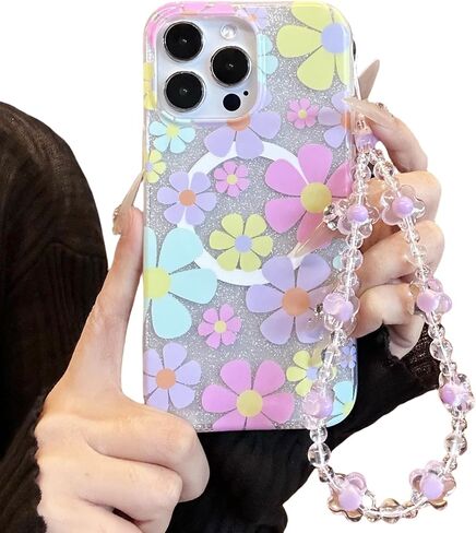 Compatible with iPhone 15 Pro Max Cases,Cute Flower Phone case with Floral Pearl Chain,Compatible MagSafe Silicone Shockproof Phone case for Women and Teenage Girls. in Saudi Arabia