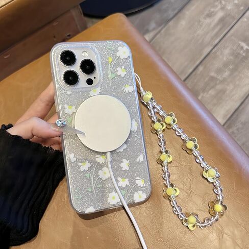 Compatible with iPhone 15 Pro Max Cases,Cute Flower Phone case with Floral Pearl Chain,Compatible MagSafe Silicone Shockproof Phone case for Women and Teenage Girls. in Saudi Arabia