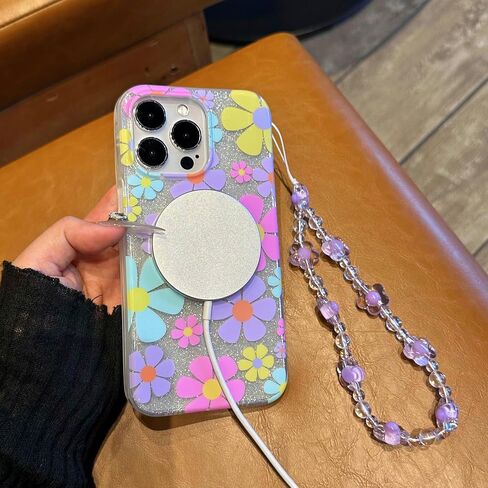 Compatible with iPhone 15 Pro Max Cases,Cute Flower Phone case with Floral Pearl Chain,Compatible MagSafe Silicone Shockproof Phone case for Women and Teenage Girls. in Saudi Arabia