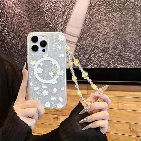 Compatible with iPhone 15 Pro Max Cases,Cute Flower Phone case with Floral Pearl Chain,Compatible MagSafe Silicone Shockproof Phone case for Women and Teenage Girls. in Saudi Arabia