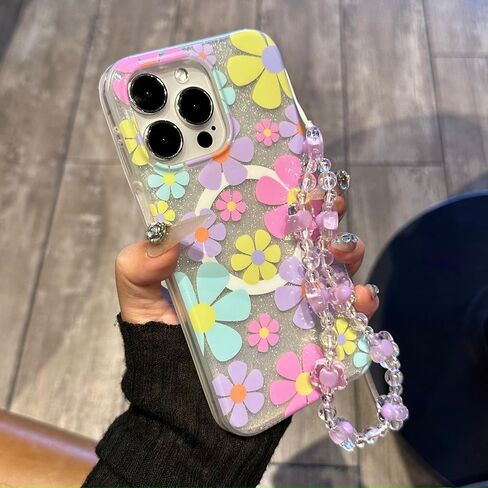 Compatible with iPhone 15 Pro Max Cases,Cute Flower Phone case with Floral Pearl Chain,Compatible MagSafe Silicone Shockproof Phone case for Women and Teenage Girls. in Saudi Arabia