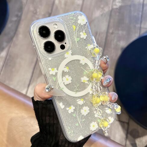 Compatible with iPhone 15 Pro Max Cases,Cute Flower Phone case with Floral Pearl Chain,Compatible MagSafe Silicone Shockproof Phone case for Women and Teenage Girls. in Saudi Arabia