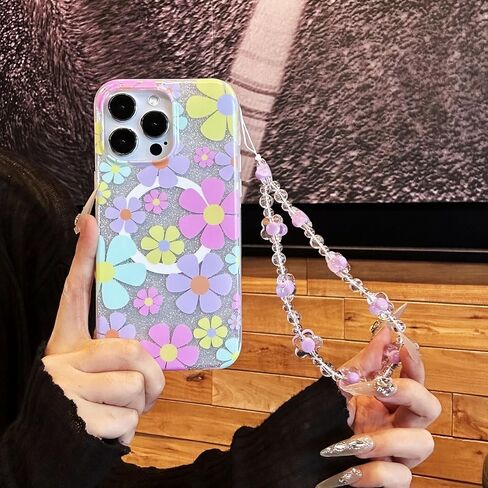 Compatible with iPhone 15 Pro Max Cases,Cute Flower Phone case with Floral Pearl Chain,Compatible MagSafe Silicone Shockproof Phone case for Women and Teenage Girls. in Saudi Arabia