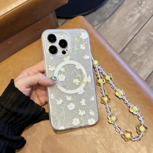 Compatible with iPhone 15 Pro Max Cases,Cute Flower Phone case with Floral Pearl Chain,Compatible MagSafe Silicone Shockproof Phone case for Women and Teenage Girls. in Saudi Arabia