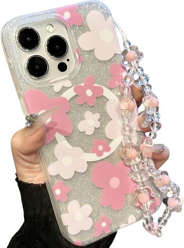 Compatible with iPhone 15 Pro Max Cases,Cute Flower Phone case with Floral Pearl Chain,Compatible MagSafe Silicone Shockproof Phone case for Women and Teenage Girls. in Saudi Arabia