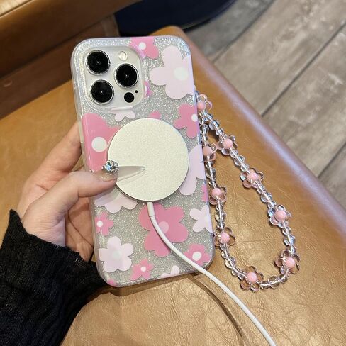 Compatible with iPhone 15 Pro Max Cases,Cute Flower Phone case with Floral Pearl Chain,Compatible MagSafe Silicone Shockproof Phone case for Women and Teenage Girls. in Saudi Arabia