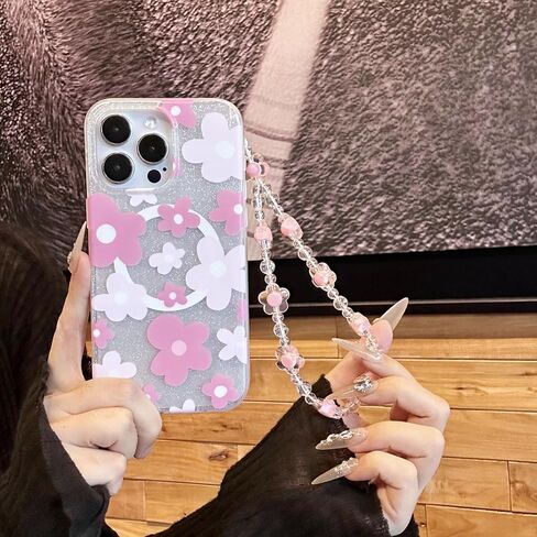Compatible with iPhone 15 Pro Max Cases,Cute Flower Phone case with Floral Pearl Chain,Compatible MagSafe Silicone Shockproof Phone case for Women and Teenage Girls. in Saudi Arabia