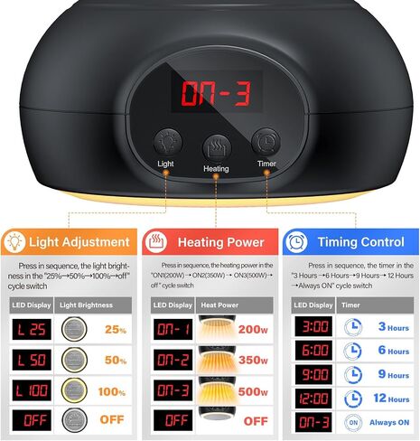 Chicken Coop Heater Lamps,200W-500W,Overheat Protection,E26/E27 Bulb Light, Reptile Heating Lamp 3-6-9-12 Hours Timer, Protable Greenhouse Heater for Outdoor Chicken Coop Indoor Rabbits Dog Cats in Saudi Arabia