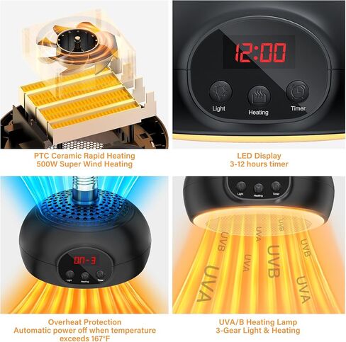 Chicken Coop Heater Lamps,200W-500W,Overheat Protection,E26/E27 Bulb Light, Reptile Heating Lamp 3-6-9-12 Hours Timer, Protable Greenhouse Heater for Outdoor Chicken Coop Indoor Rabbits Dog Cats in Saudi Arabia