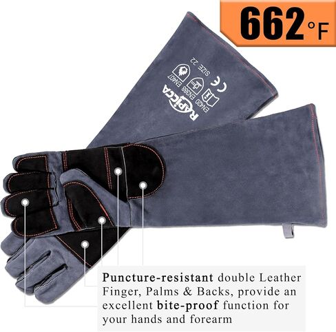 RAPICCA Animal Handling Gloves Bite Proof Double Leather Reinforced Padding Dog,Cat Scratch,Bird Handling Falconry Gloves Grabbing Reptile Squirrel Snake Bite 16in Grey-Black in Kuwait