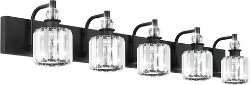 Ralbay Crystal Black Vanity Light Fixtures 5 Light Crystal Bathroom Light Fixtures Over Long Mirror Modern Matte Black Bath Wall Lights in Kuwait
