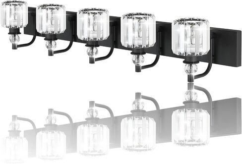 Ralbay Crystal Black Vanity Light Fixtures 5 Light Crystal Bathroom Light Fixtures Over Long Mirror Modern Matte Black Bath Wall Lights in Kuwait