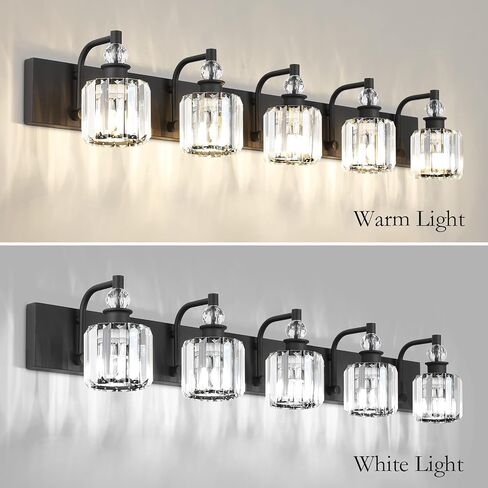Ralbay Crystal Black Vanity Light Fixtures 5 Light Crystal Bathroom Light Fixtures Over Long Mirror Modern Matte Black Bath Wall Lights in Kuwait