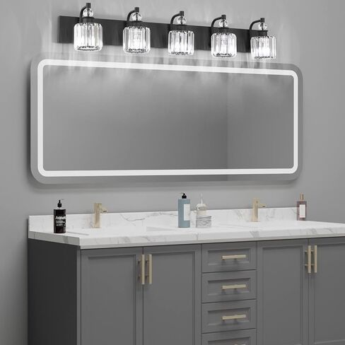 Ralbay Crystal Black Vanity Light Fixtures 5 Light Crystal Bathroom Light Fixtures Over Long Mirror Modern Matte Black Bath Wall Lights in Kuwait