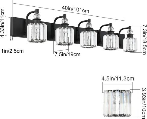 Ralbay Crystal Black Vanity Light Fixtures 5 Light Crystal Bathroom Light Fixtures Over Long Mirror Modern Matte Black Bath Wall Lights in Kuwait
