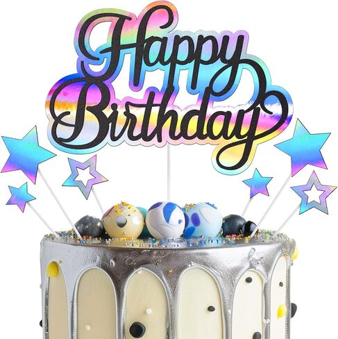 Happy Birthday Cake Topper, Glitter Cake Decoration for Birthday Party, Theme Party Cake Decorations Supplies for Boy Girl Men Women, Black Glitter and Holographic Rainbow Cardstock in Saudi Arabia