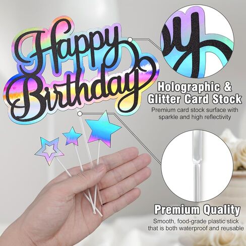 Happy Birthday Cake Topper, Glitter Cake Decoration for Birthday Party, Theme Party Cake Decorations Supplies for Boy Girl Men Women, Black Glitter and Holographic Rainbow Cardstock in Saudi Arabia