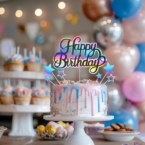 Happy Birthday Cake Topper, Glitter Cake Decoration for Birthday Party, Theme Party Cake Decorations Supplies for Boy Girl Men Women, Black Glitter and Holographic Rainbow Cardstock in Saudi Arabia