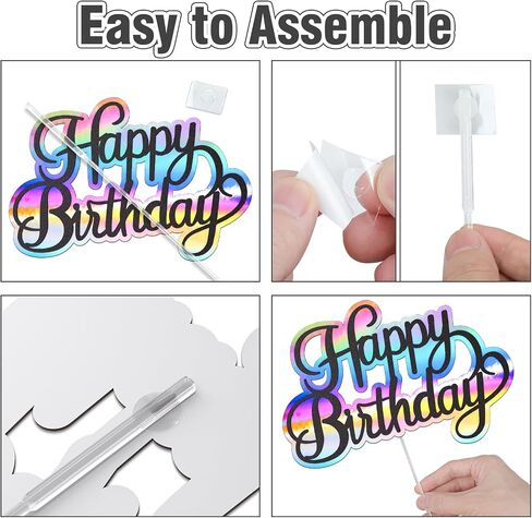Happy Birthday Cake Topper, Glitter Cake Decoration for Birthday Party, Theme Party Cake Decorations Supplies for Boy Girl Men Women, Black Glitter and Holographic Rainbow Cardstock in Saudi Arabia