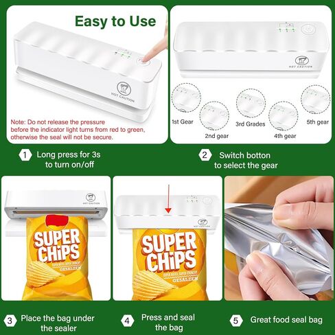 Bag Sealer - Mini Rechargeable Food Sealer Machine,5 Adjustable Gears Chip Bag Resealer,with 3000mAh Battery and 4.7" Heating Strip Seal for Vacuum Sealer Bags, Food Snack Bags Storage (White) in Saudi Arabia