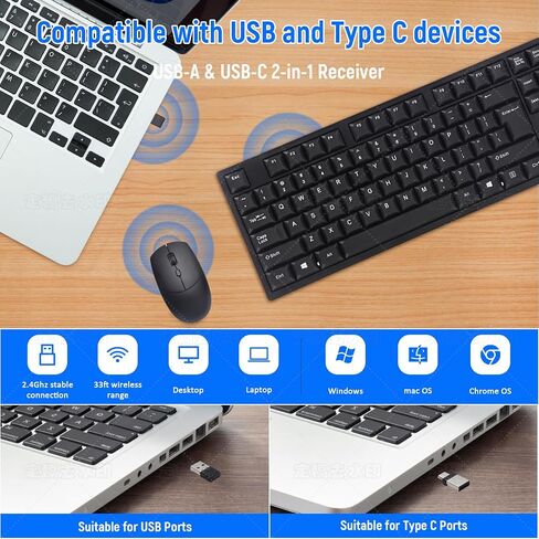 Wireless Keyboard and Mouse Combo-Full Size QWERTY Layout 2.4G Stereo Keycap Ergonomically Designed for Laptop,PC,Notebook,Windows,Computer Wired Numeric keypad,with USB-A&USB-C 2-in-1 Receiver in Saudi Arabia