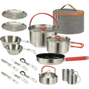 Camping Cookware Set 304 Stainless Steel 16-Piece Pots & Pans,Kettle, Storage Bag,Plates, Bowls, Knives, Forks, Spoons,Compact for Outdoors & Indoors Kitchen Campfire Hiking