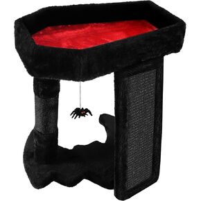 Gothic Cat Tree Tower with Coffin Cat Bed for Indoor Cats, Halloween Spooky Cat Scratcher,Goth Cat Tree with Sisal Scratchig Post and Spider Dangling Toys,Black with Red