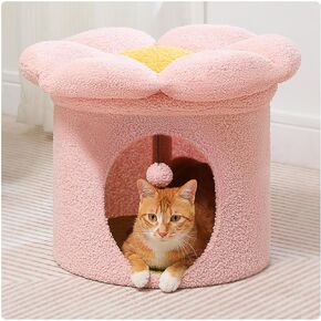 PETEPELA Cat Beds for Indoor Cats, Large Cat Tree House with Removable Flower Cat Bed, Cute Cat Cave Cat Hideaway, Indoor Cat House Condo, 20X20X16 Inches, Pink