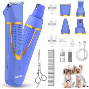 Small Dog Grooming Kit, 4 in 1 Electric Cordless Dog Paw Trimmer with Nail Grinder, Low Noise Dog Nail Trimmers, IPX7 Waterproof Small Dog Grooming Clippers for Paws, Ears, Face, Hip Hairl