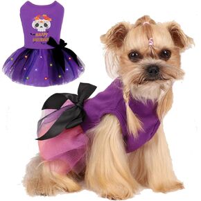 Yikeyo Halloween Dog Dress Pumpkin Skull Puppy Clothes Outfits for Small Dog Girl (Size Medium, Purple)