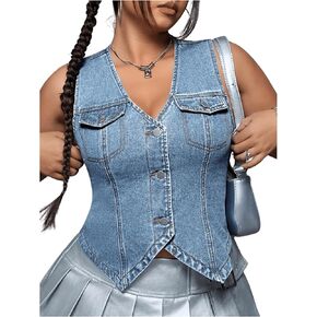 Floerns Women's Plus Size Sleeveless Button Down Jean Vest V Neck Denim Jacket