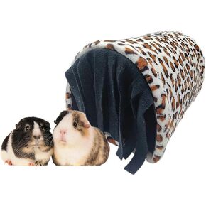 Leopard Print Small Animal Hideout - Tunnel and Tube Cage Hideout House for Guinea Pigs, Hamsters, Rats - with Reversible Seasonal Mat (Black)