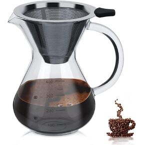 Pour Over Coffee Maker Set with Reusable Stainless Steel Drip Filter Elegant Coffee Dripper Pot Glass Carafe & Permanent Stainless Steel Filter