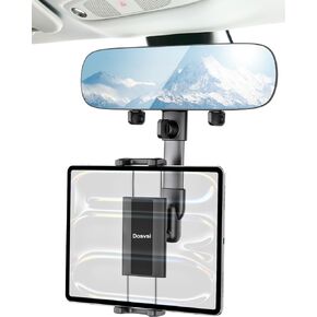 Car Rearview Mirror Tablet Holder, [W' Anti-glare HD Mirror] Rear View Mirror Truck Tablet Mount, Rotatable & Retractable Arm Car Mirror Clamp for iPad Pro 11 Mini Air, Tab, iPhone,4-13" Device