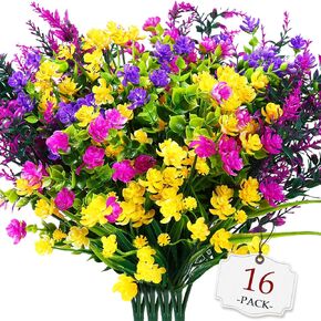 16 Bundles Artificial Flowers for Outdoors, Violet Artificial Faux Plants Fake Flowers Greenery Shrubs Plants for Decoration, Realistic UV Resistant for Home Planter Porch Patio Yard Decor