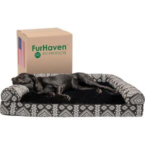 Furhaven Orthopedic Dog Bed for Large Dogs w/ Removable Bolsters & Washable Cover, For Dogs Up to 125 lbs - Plush & Southwest Kilim Woven Decor Sofa - Black Medallion, Jumbo Plus/XXL