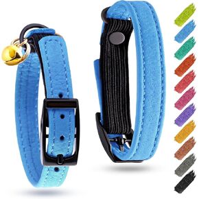 Leather Cat Collar with Bell & Elastic Strap - Pet Collar Leather - Leather Kitten Collar - Cats Small and Big Cat Collar for Boy Cats, Girl Cats with Safety Elastic Strap (Black, 8" - 12")