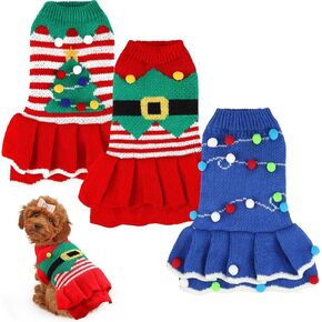 3 Pcs Christmas Dog Sweater Dresses Christmas Dog Costumes for Small Dogs Winter Warm Dog Cloth Xmas Holiday Sweaters Christmas Dress Outfit for Dachshund Chihuahua Maltese Dogs Girls(M)