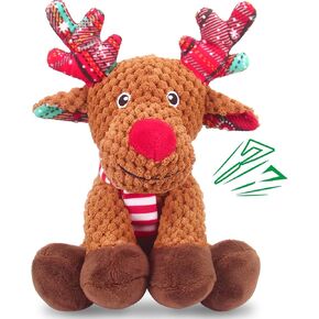 Christmas Dog Toys, Dog Squeaky Toys with Crinkle Paper, Interactive Plush Puppy Chew Toys, Cute Reindeer Dog Funny Toys, Dog Gifts for Small, Medium, Large Dogs