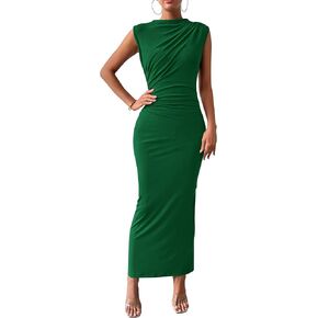 BTFBM Women's Ruched Bodycon Dress Summer Casual Sleeveless Back Slit Elegant Club Evening Party Cocktail Maxi Dresses