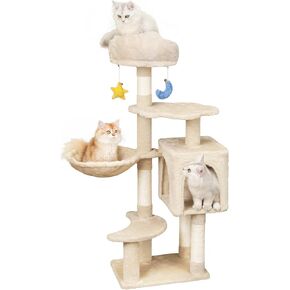 Gothic Cat Tree with Cat Condo for Indoor Cats, 43" Cute Cat Tower with Scratching Post, Cozy Hammock, Unique Perch, Dangling Toy, Cat Tree House with Large Padded Bed, Black