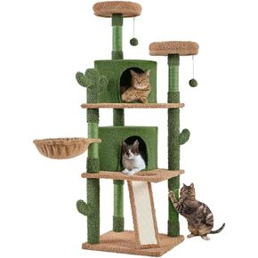 Yaheetech Cactus Cat Tree, 66in Cat Tower for Indoor Cats, Multi-Level Cat Tree with Large Condos & Ramp, Pet Play House with Padded Perch, Platforms, Basket & Hanging Ball, Green/Brown