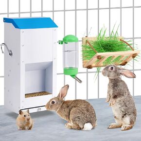 Automatic Rabbit Feeder for Cage 6lb Large Metal Rabbit Food Dispenser with Rabbit Hay Feeder and Guinea Pig Water Bottle for Squirrel Bunny Chick Ferrets Small Animals Feeder Trough (M)
